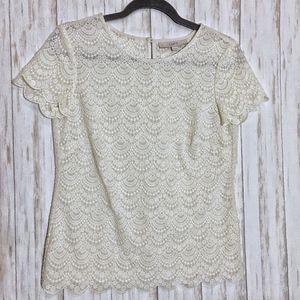 Loft Lace Scalloped Ivory Short Sleeve Blouse